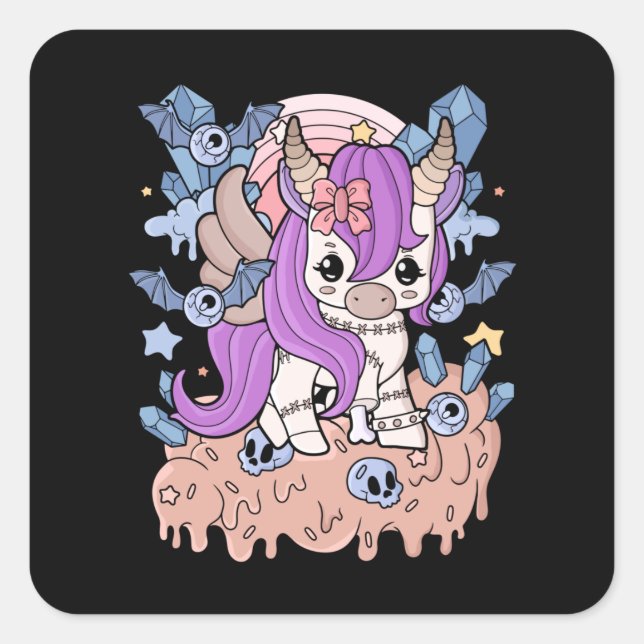 Sticker Carré Chibi Horror Unicorn Déplaisant Kawaii Gift Pastel (Devant)