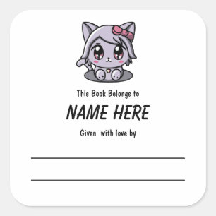 Sticker Carré Chibi Purple Chat Plaque Enfants avec message