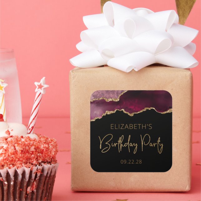 Sticker Carré Chic Agate Geode Bourgogne Gold Birthday Party (Fête)