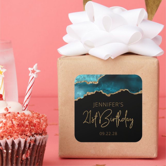 Sticker Carré Chic Agate Geode Gold Turquoise 21e fête d'anniver (Fête)