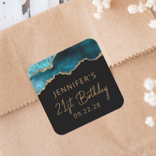 Sticker Carré Chic Agate Geode Gold Turquoise 21e fête d'anniver