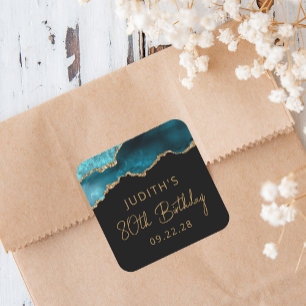 Sticker Carré Chic Agate Geode Gold Turquoise 80e fête d'anniver