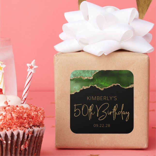 Sticker Carré Chic Agate Geode Green Gold 50e fête d'anniversair (Fête)