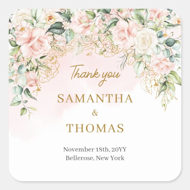 Sticker Carré Chic aquarelle fleurs rousses eucalyptus or (Devant)