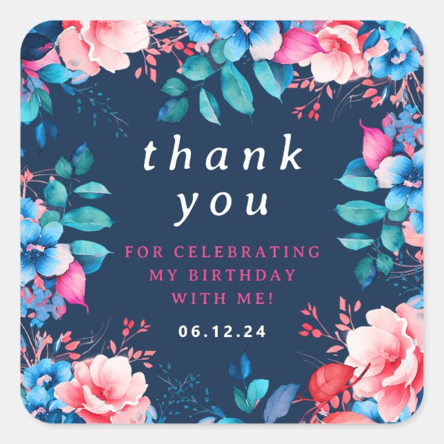 Sticker Carré Chic Aquarelle Florale Anniversaire Marine Merci (Devant)