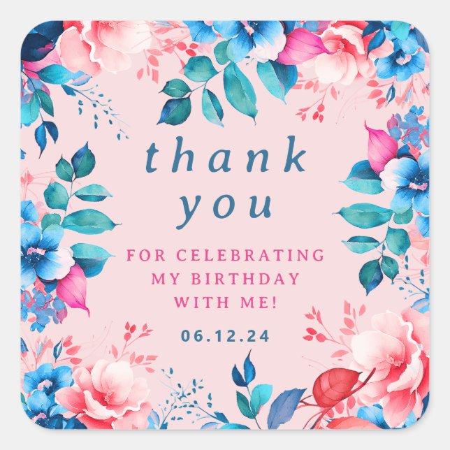 Sticker Carré Chic Aquarelle Florale Anniversaire Merci Blush (Devant)