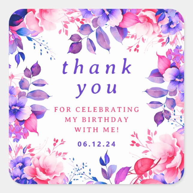 Sticker Carré Chic Aquarelle Florale Anniversaire Merci pourpre (Devant)