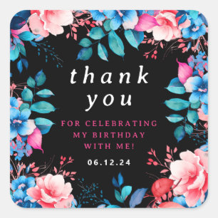 Sticker Carré Chic Aquarelle Florale Merci d'anniversaire noir
