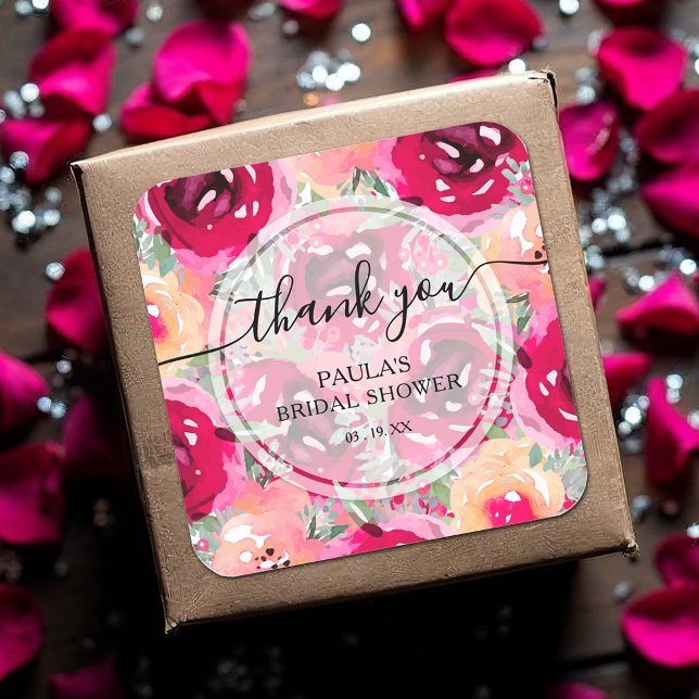 Sticker Carré Chic Aquarelle rose Fleurs Merci (Watercolor hot pink and cream flowers thank you bridal shower square  stickers)