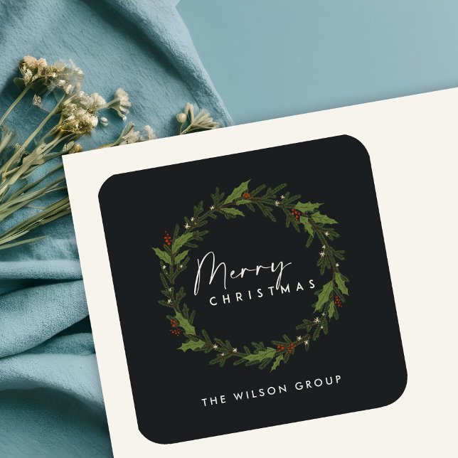 STICKER CARRÉ CHIC BLACK HOLLY BERRY WREATH NOËL (Créateur téléchargé)