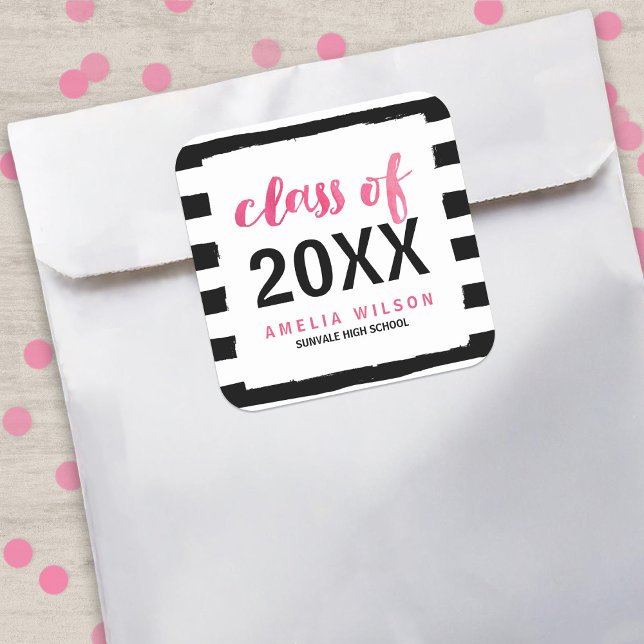 Sticker Carré Chic Black Stripes Pink Classe de 2025 Graduation (Créateur téléchargé)