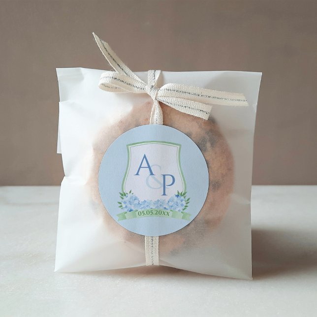 Sticker Carré Chic Bleu Blanc Vert Monogramme Aquarelle Crest (Sap Green Light Blue Hydrangea Wedding Crest favor sticker or wedding welcome pack label)