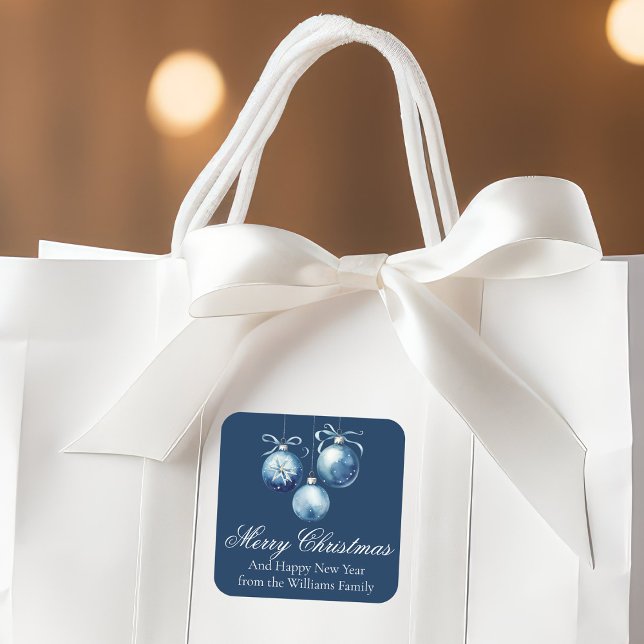 Sticker Carré Chic Bleu Joyeux ornements de Noël Customisés (Créateur téléchargé)