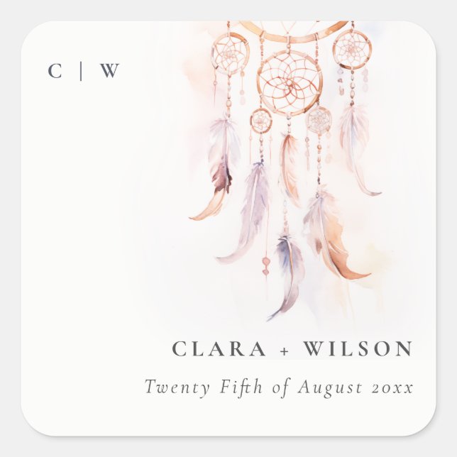 Sticker Carré Chic Boho Feather Dreamcatcher Watercolor Mariage (Devant)