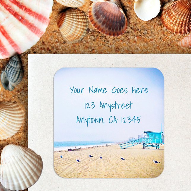 Sticker Carré Chic California plage seagull photo adresse de ret (Créateur téléchargé)
