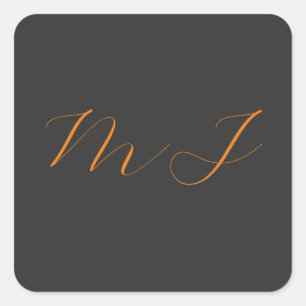 Sticker Carré Chic calligraphie gris orange monogramme nom initi