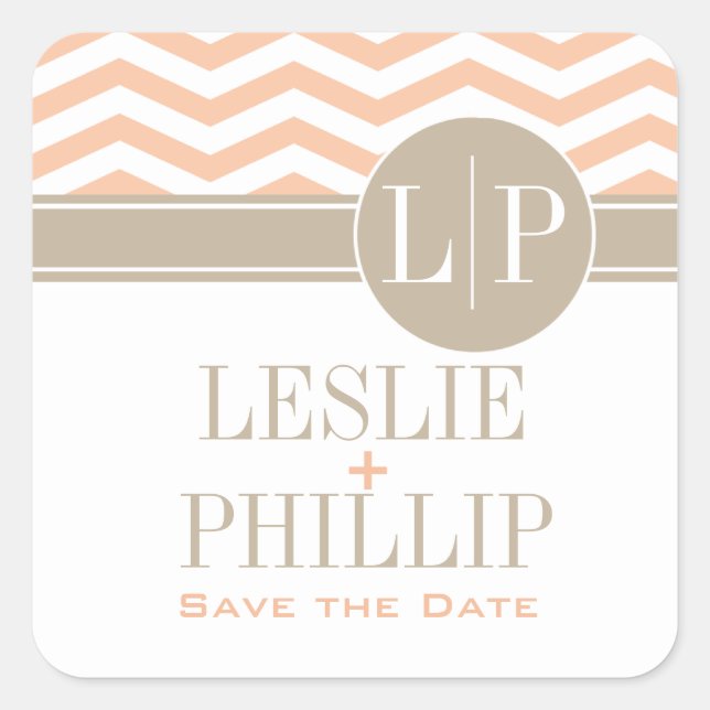 Sticker Carré Chic Chevron Monogramme | pêche (Devant)