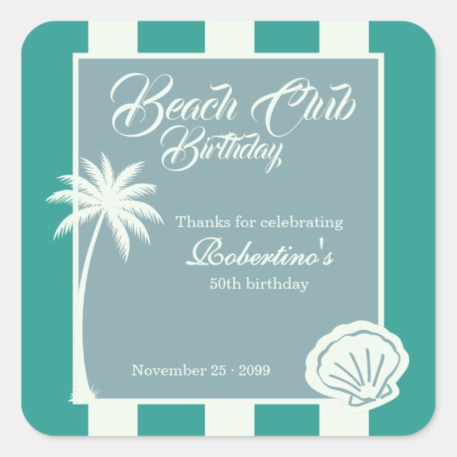 Sticker Carré Chic Coastal Stripe Beach Club 50th Birthday (Devant)