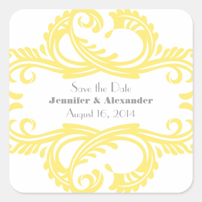 Sticker Carré Chic Damask Save Date Stickers, Jaune (Devant)