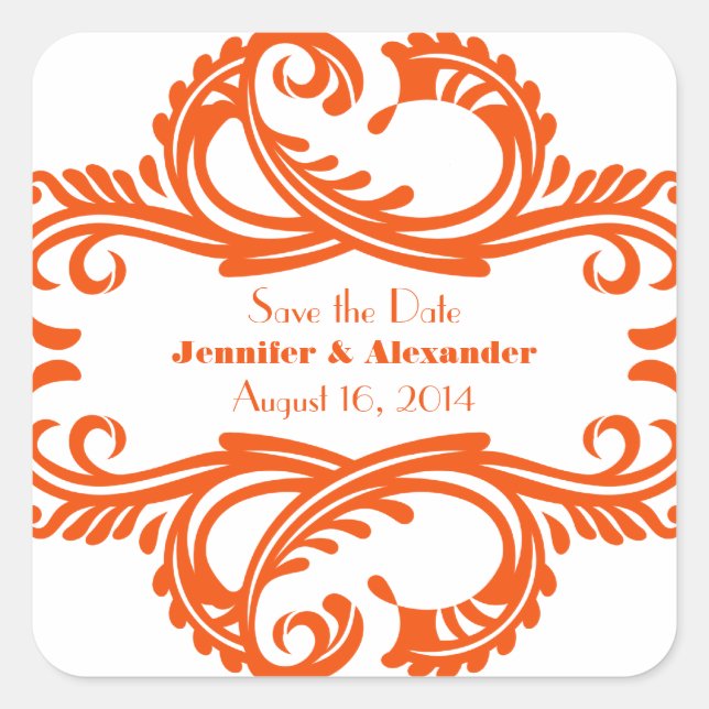 Sticker Carré Chic Damask Save Date Stickers, Orange (Devant)