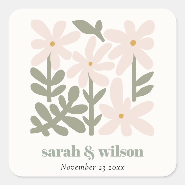 Sticker Carré Chic Dusky Blush Rétro Mariage Floral Minimal (Devant)