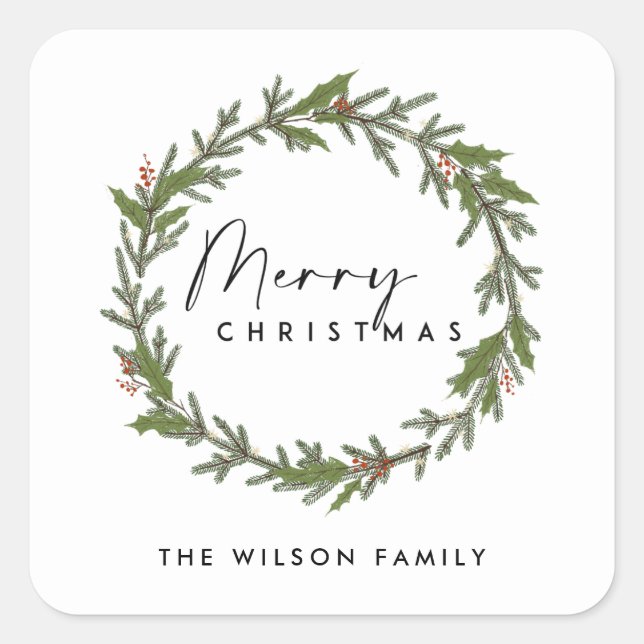 STICKER CARRÉ CHIC ÉLÉGANT MODERNE HOLLY BERRY WREATH NOËL (Devant)