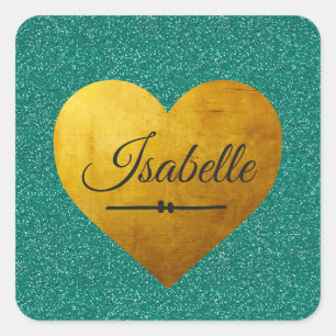 Sticker Carré Chic Emerald Parties scintillant Gold Nom du coeur
