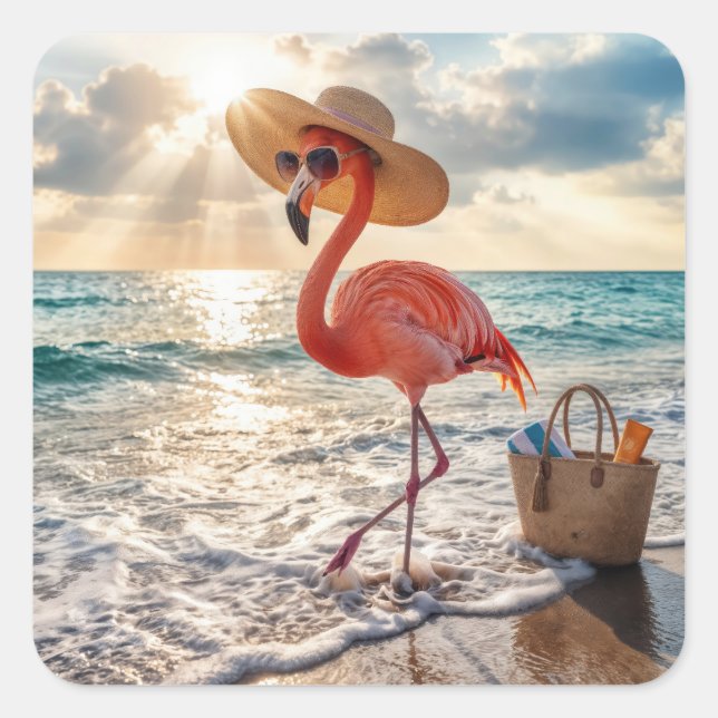 Sticker Carré Chic Flamingo with Sun Hat and Sunglasses (Devant)