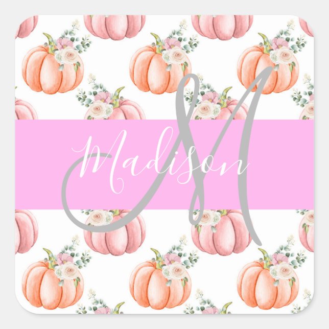 Sticker Carré Chic Fleur Blanc Rose Pêche Citrouille Monogramme  (Devant)