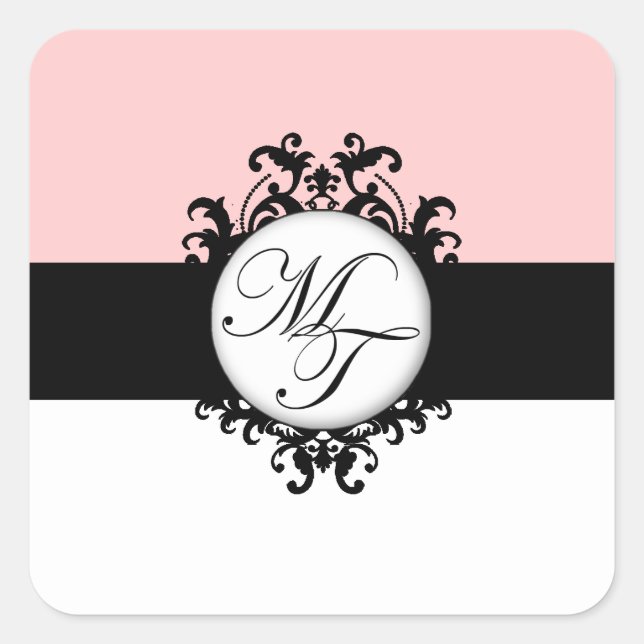 Sticker Carré Chic Français Black Monogrammes MT Damask Étiquett (Devant)
