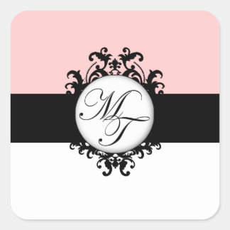Sticker Carré Chic Français Black Monogrammes MT Damask Étiquett