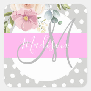 Sticker Carré Chic & Girl Floral White Pink Gray Nom du monogram