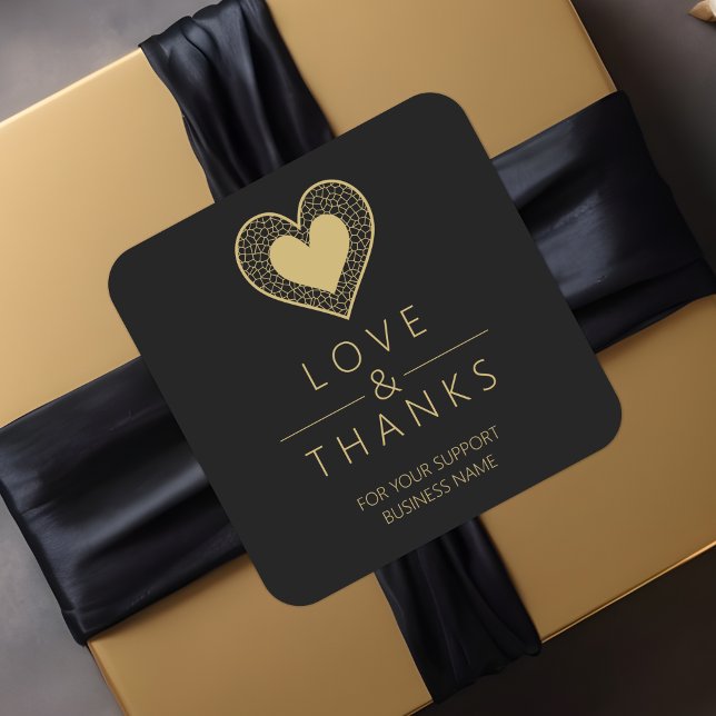 Sticker Carré Chic Gold Black Heart Lace Effect Love & Thanks (Chic Fake Golden Black Heart Lace Effect Love & Thanks Supporting Small Business Square Sticker.)