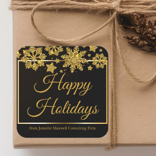 Sticker Carré Chic Happy Holidays Black Gold Snowflake Custom