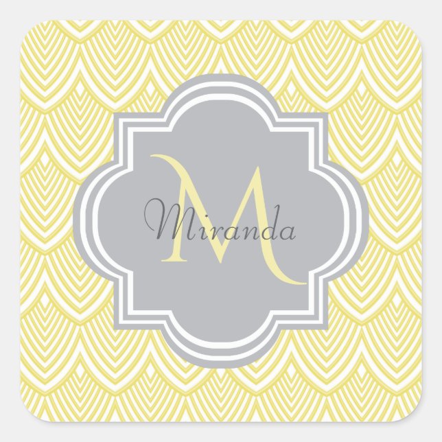 Sticker Carré Chic Jaune Art Déco Scallops Grey Monogramme Nom (Devant)