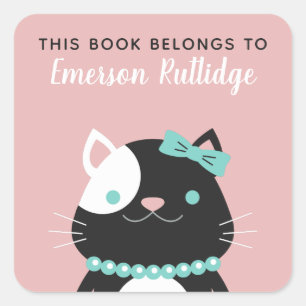 Sticker Carré Chic Lady Chat   Pink Ce Livre Appartient À