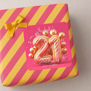 Sticker Carré Chic Luxueux Anniversaire 21 Ans Or et Rose