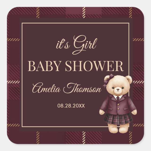 Sticker Carré Chic Luxury Teddy Bear baby shower  (Devant)