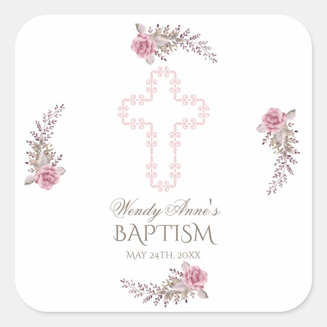 Sticker Carré Chic Marsala Maroon Floral Girl Christening (Devant)