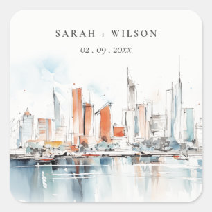 Sticker Carré Chic Miami Floride Skyline Mariage d'aquarelle