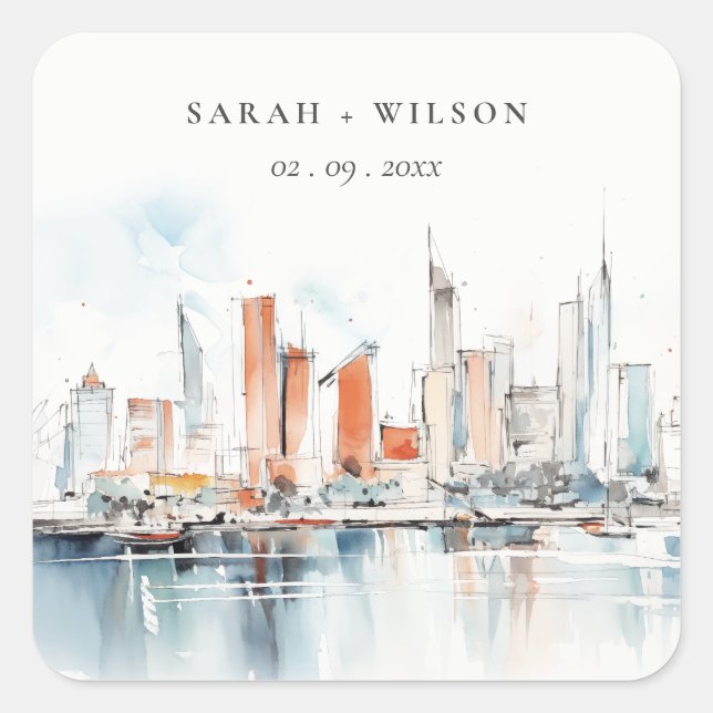 Sticker Carré Chic Miami Floride Skyline Mariage d'aquarelle (Devant)