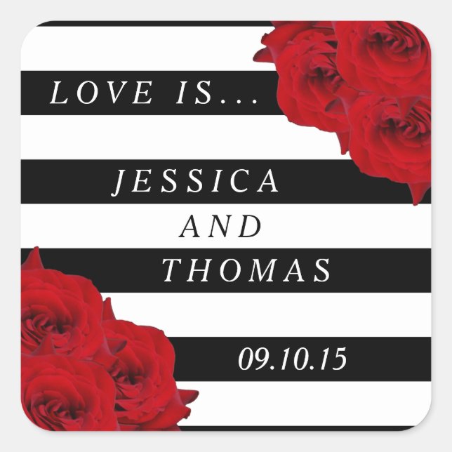Sticker Carré Chic Moderne Luxe Mariage Collection - Roses rouge (Devant)