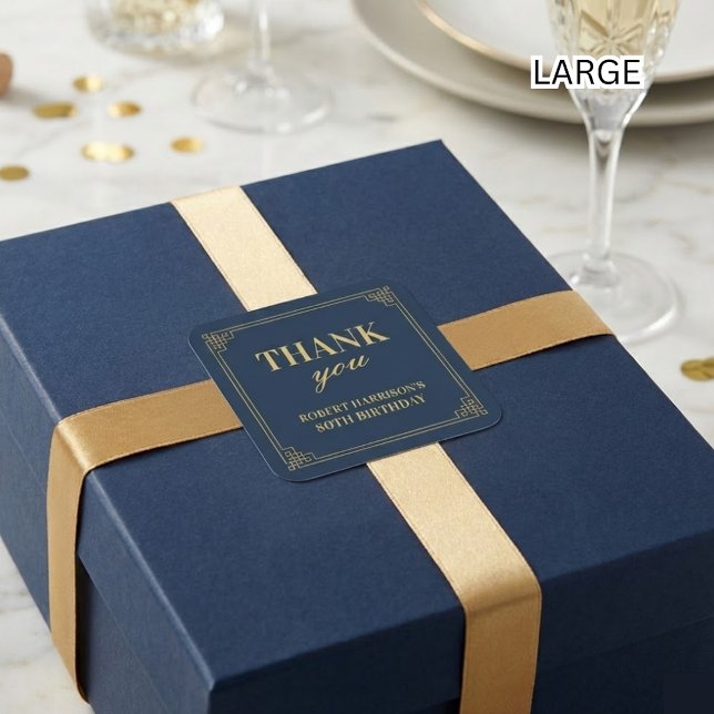 Sticker Carré Chic Navy Gold Art Deco 80th Birthday Thank You (Créateur téléchargé)