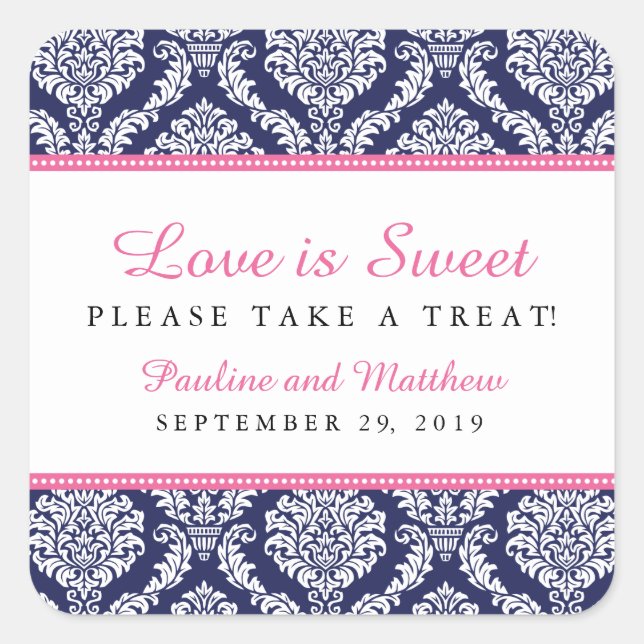 Sticker Carré Chic Navy & Pink Mariage damassé (Devant)