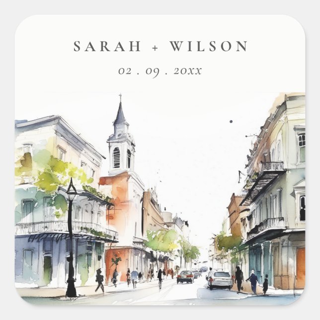 Sticker Carré Chic New Orleans Louisiana Mariage aquarelle (Devant)
