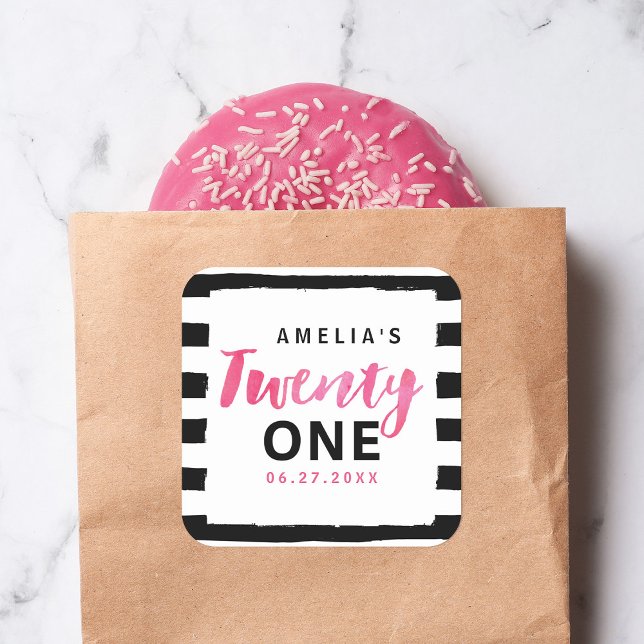 Sticker Carré Chic noir & blanc rayures rose 21e anniversaire (Créateur téléchargé)