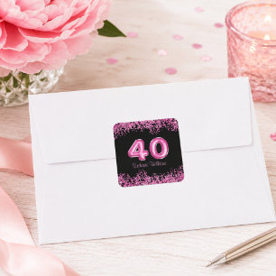 Sticker Carré Chic Noir Rose Faux Paillettes 40e Anniversaire