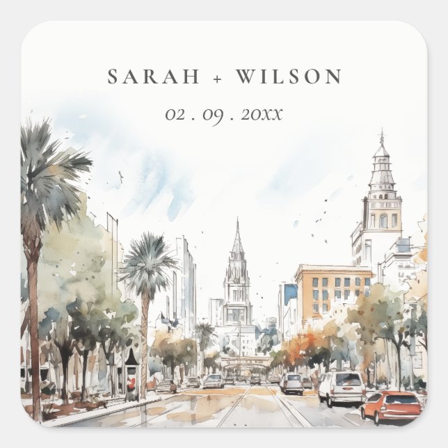 Sticker Carré Chic Orlando Floride Skyline Mariage d'aquarelle (Devant)