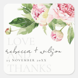 STICKER CARRÉ CHIC PINK GREEN PEONY FLORAL LOVE THANKS WEDDING 