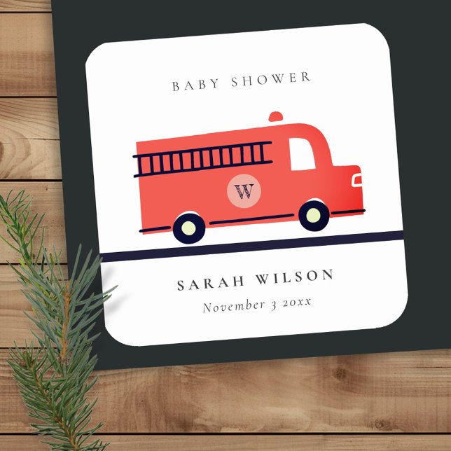 Sticker Carré Chic Red Navy Baby shower de moteur de camion-feu (Créateur téléchargé)